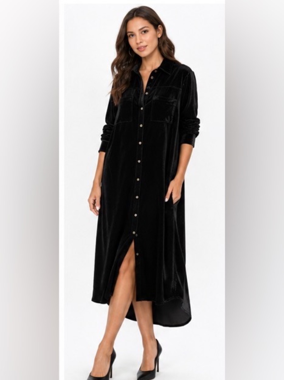 Umgee Sample Black Velvet High Low Button Front Shirt Dress Duster